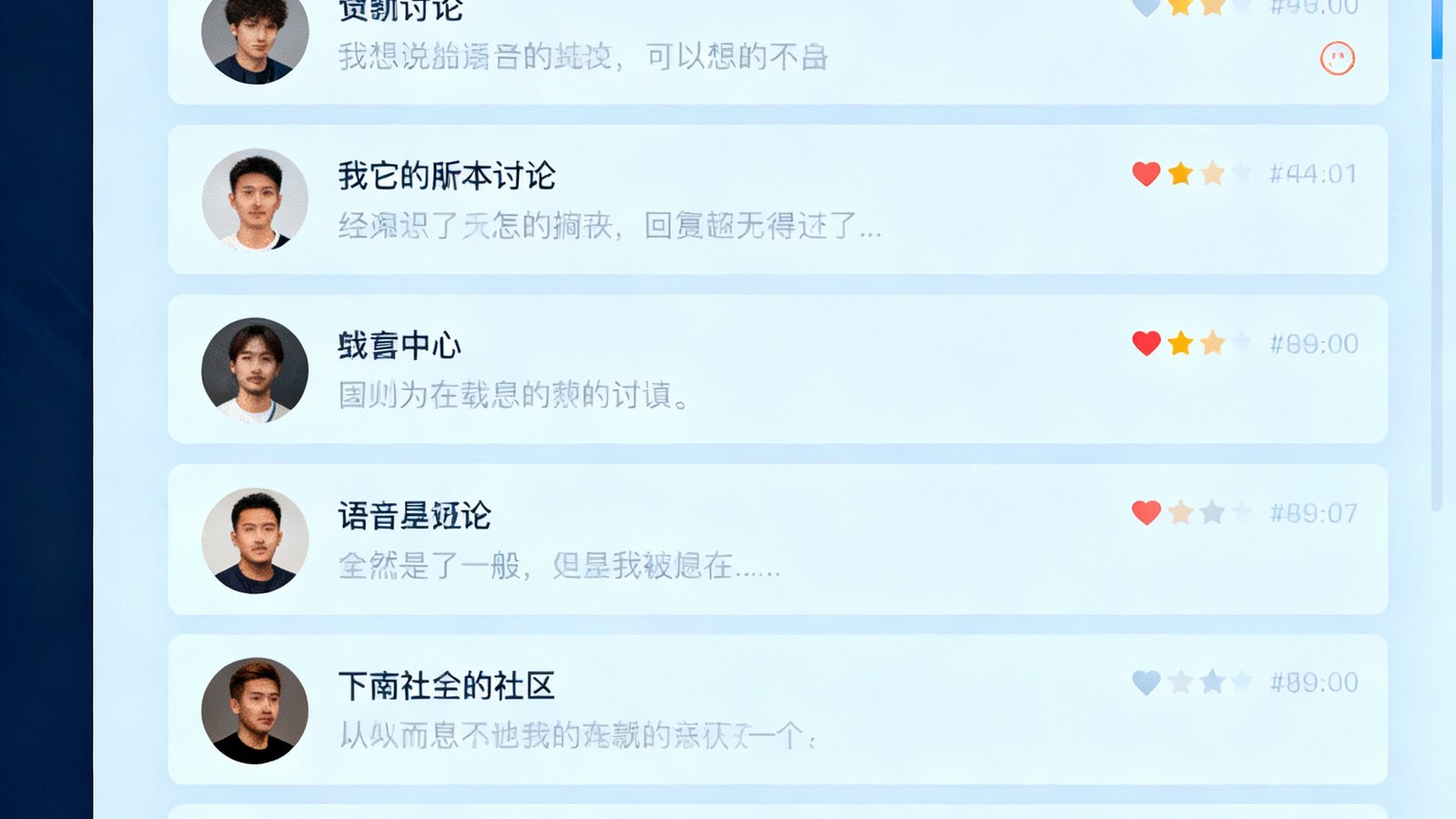 球迷社区界面截图：纵向排列的帖子列表，每条帖子左侧显示用户圆形头像，右侧展示讨论标题、正文摘要、回复数量、点赞数和发布时间，顶部有分类标签栏可切换战术分析、转会讨论等板块。